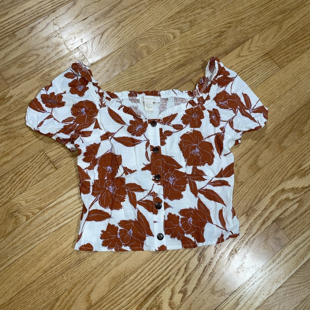 New Monteau Burnt Orange White Floral Boho Crop Peasant Button Front Top Large